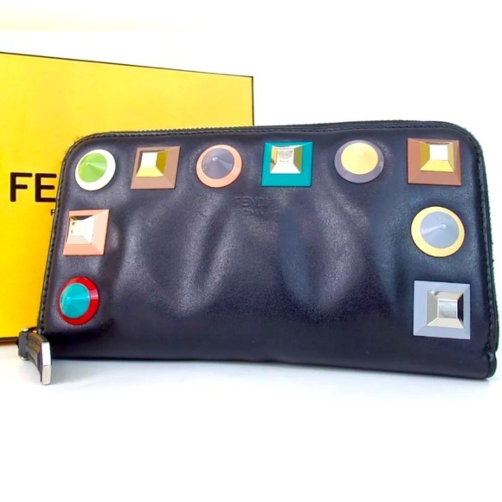 Fendi Black Leather Luxurious Wallet with Rainbow Studs Handmade Fashion